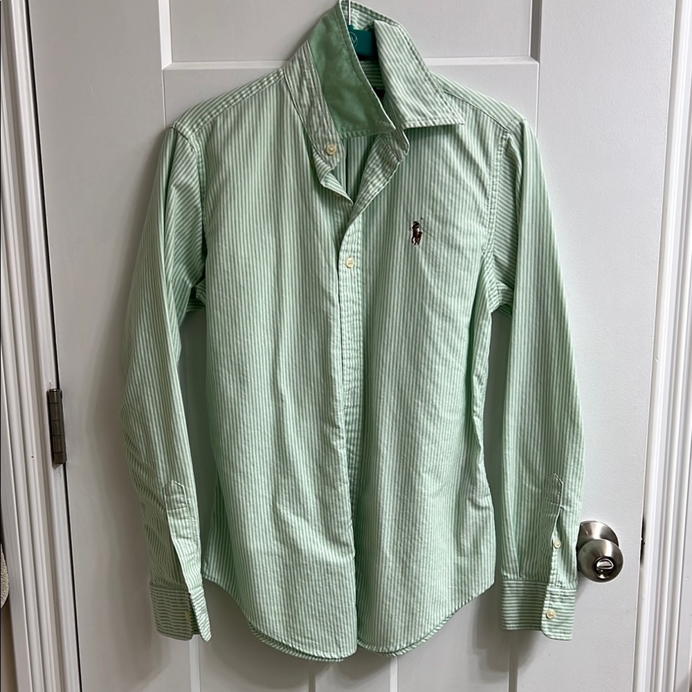 Ralph Lauren Women's Green Striped Button Down Shirt